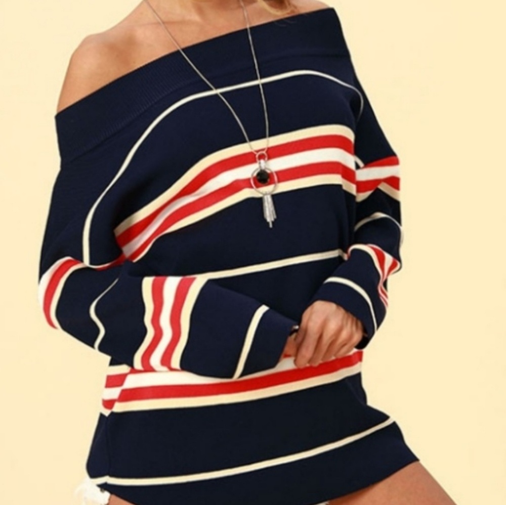 Striped Oversized Sweater Nautical Navy and Red - Picture 2 of 7